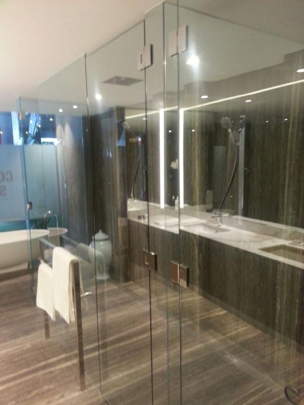 Frameless Shower Screen to Ceiling with Polished Silver Hinges