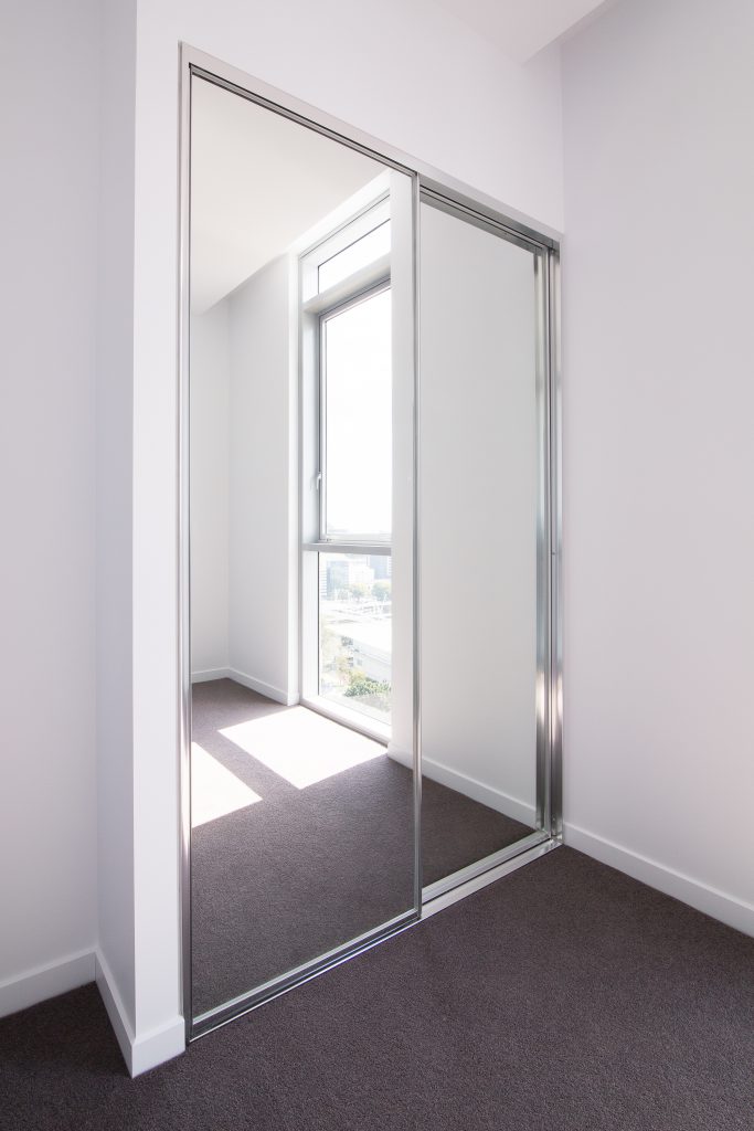 Polished Silver Framed Mirror Robe Doors with Polished Silver Tracks