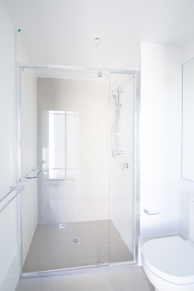 polished silver aluminium framed showerscreen, 4mm safety glass. polished silver hinges and door handles.