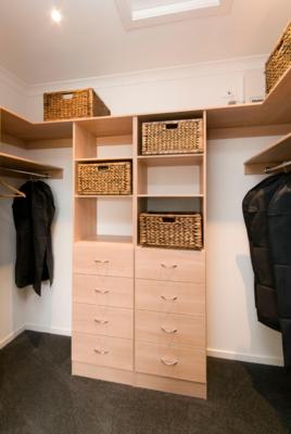 Walk-In-Wardrobe - Light Colour Board Shelving, Chrome Hanging Rods & Banks of Drawers with Polished Silver Handles