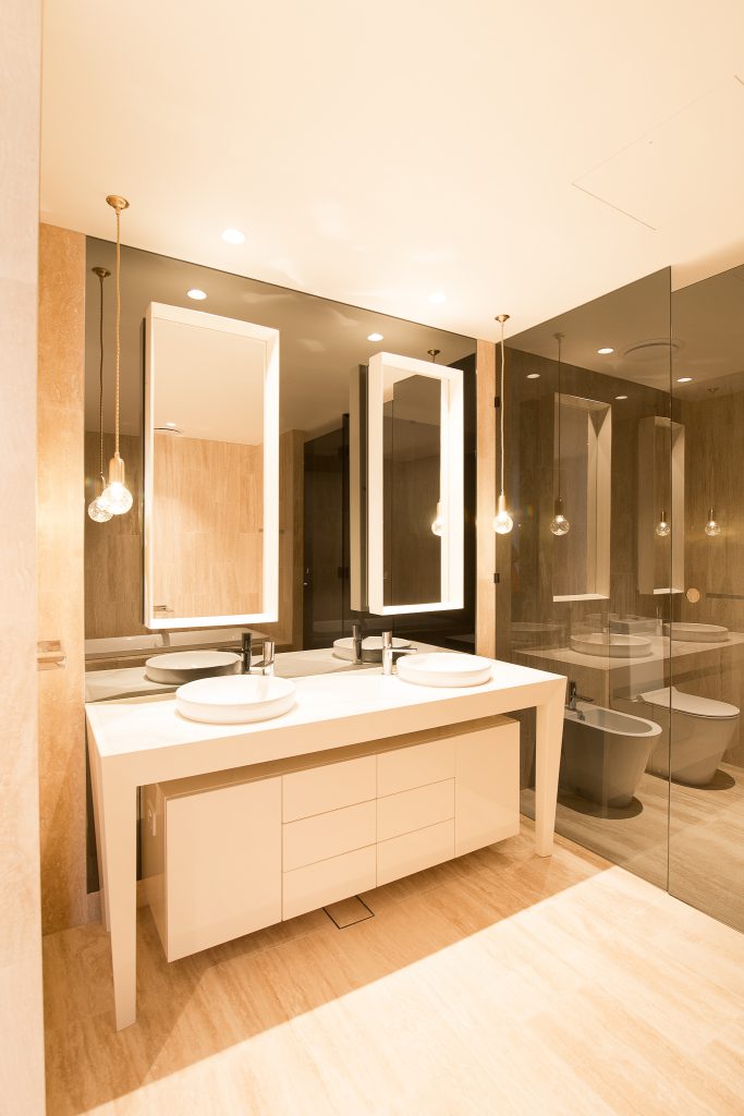 Frameless Vanity Mirrors with a Frameless Shower Screen in Grey Glass