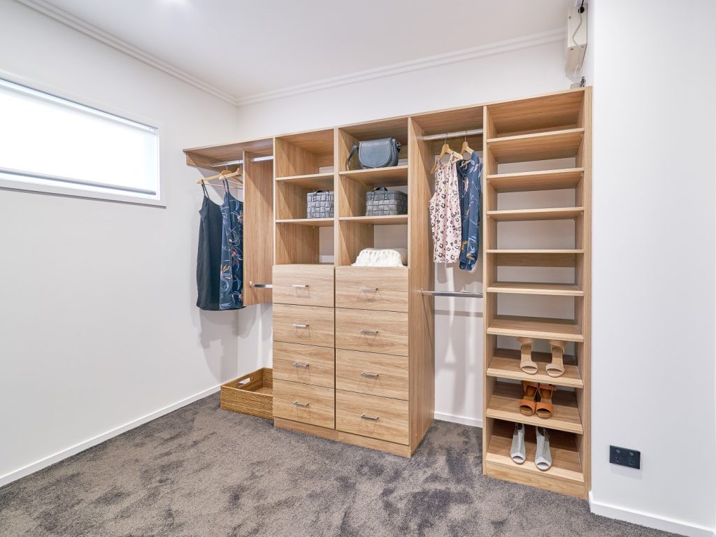 Walk-In-Wardrobe - Polytec Prime Oak Matt Colour Board Shelving, Chrome Hanging Rods & Banks of Drawers with Polished Silver Handles
