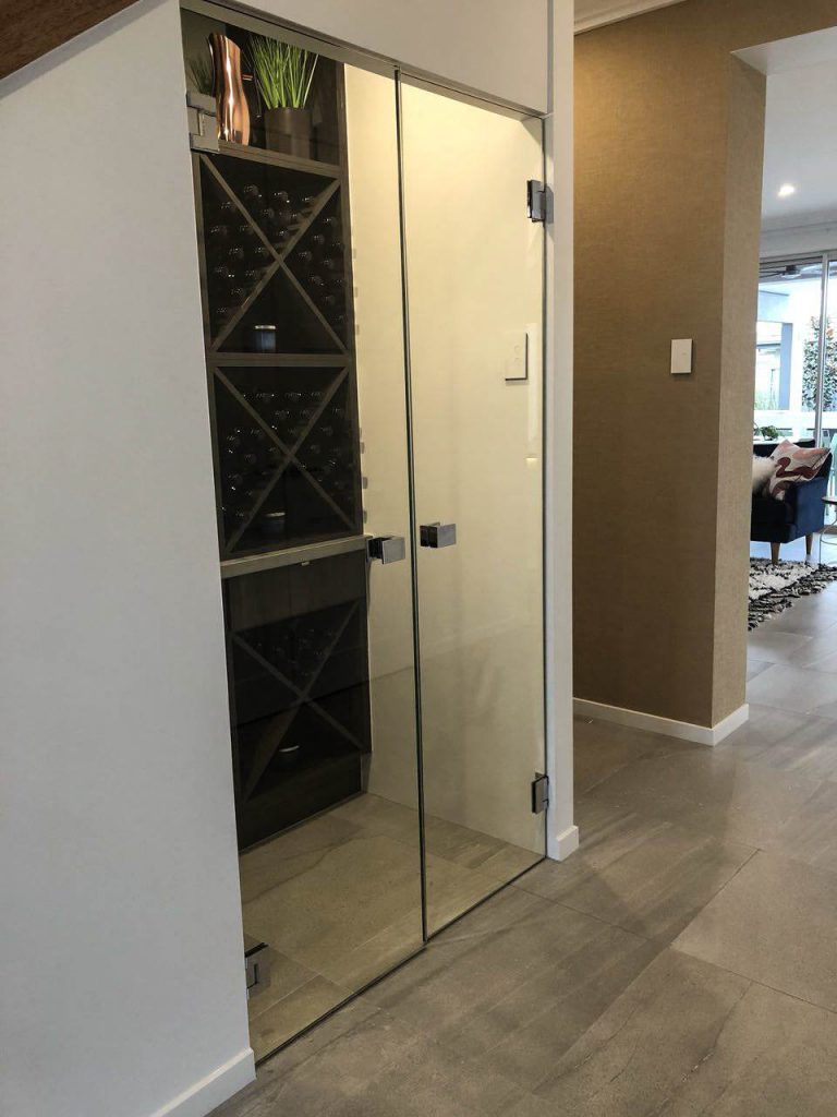 Wine Cellar - Frameless 10mm Glass Doors with Polished Silver Handles & Colour Board Shelving