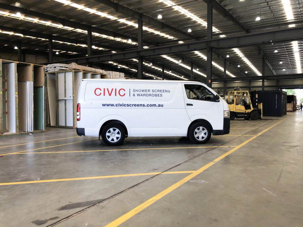 Civic Shower Screens & Wardrobes - Installer Van in Loading Bay (Inside Factory)