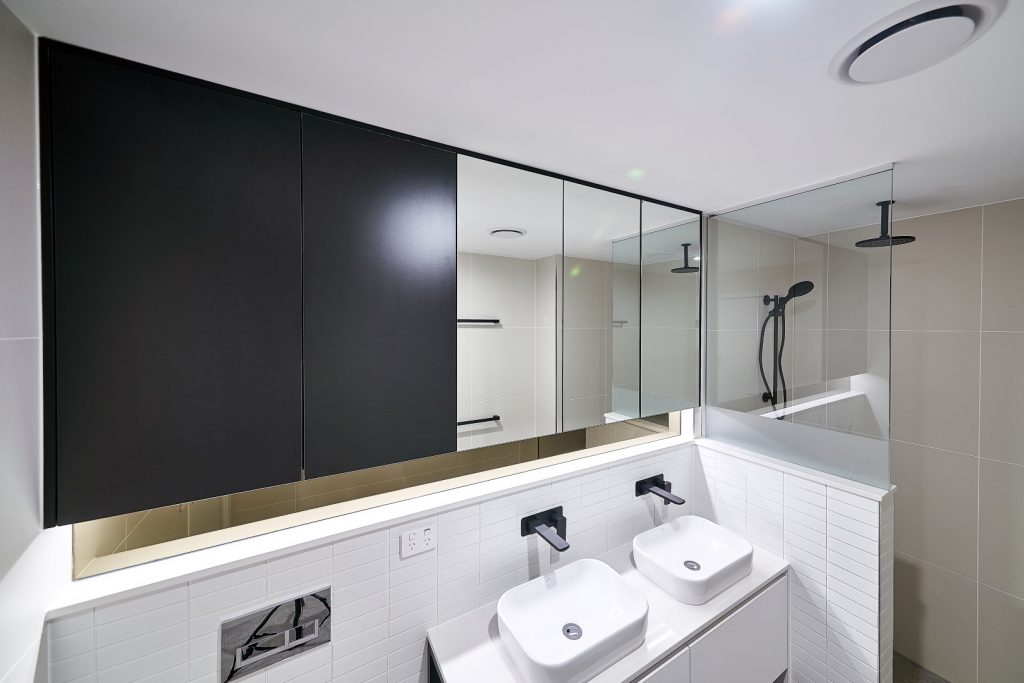 Matt Black & Mirror Shaving Cabinet with a Frameless Shower Screen Panel including a Privacy Strip