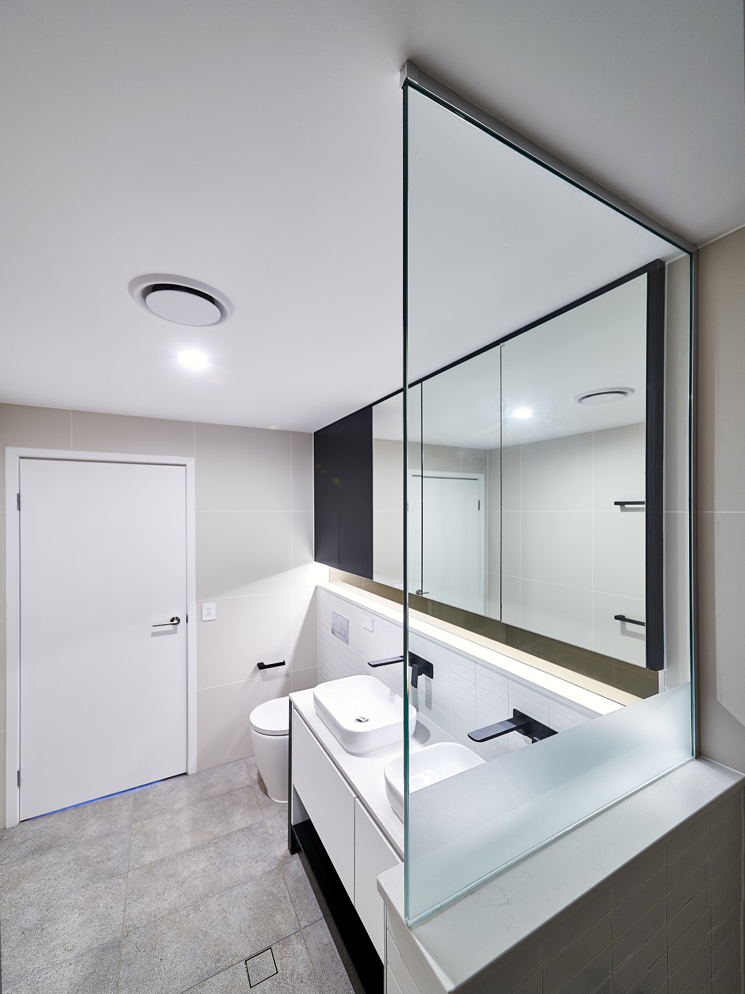 Frameless Shower Screen Panel with a Privacy Strip & a Matt Black & Mirror Shaving Cabinet