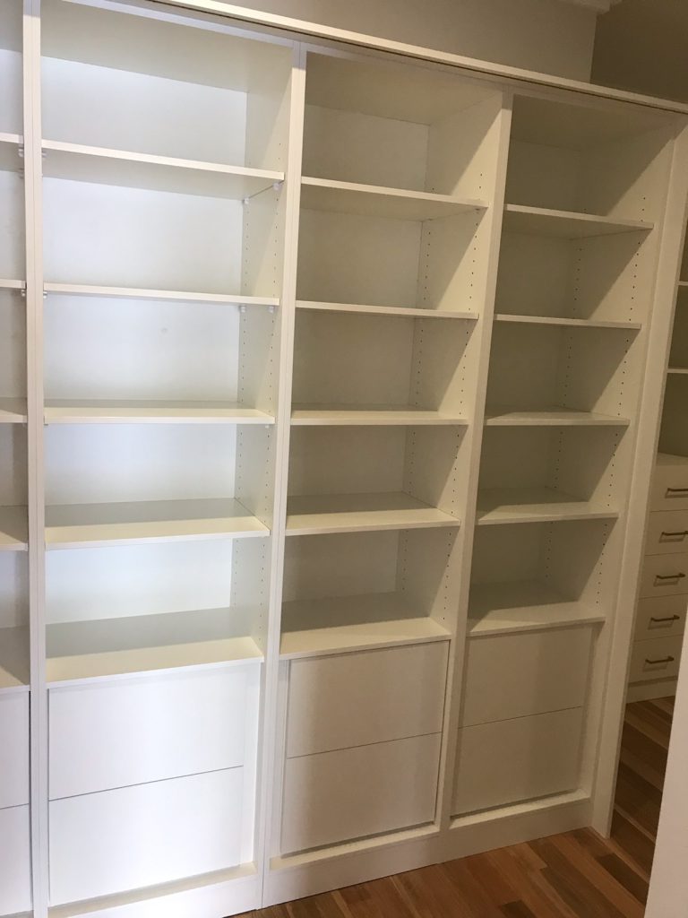 Built-In Wardrobe - White Board Shelving with Storage Drawers