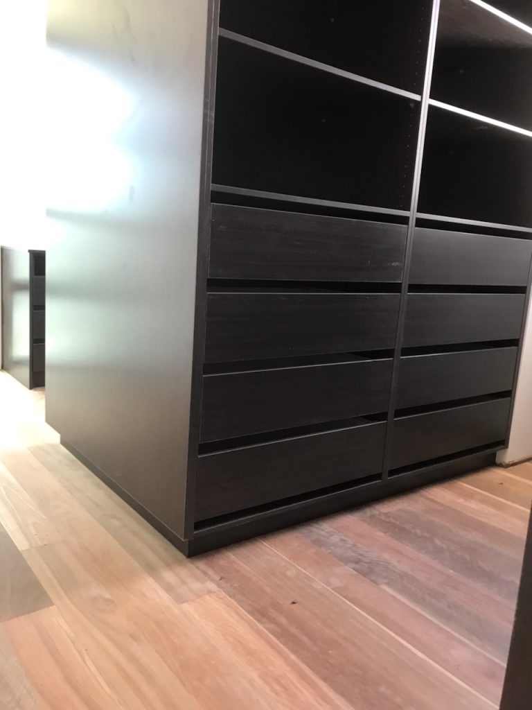 Built-In Wardrobe - Colour Board Shelving & Banks of Drawers