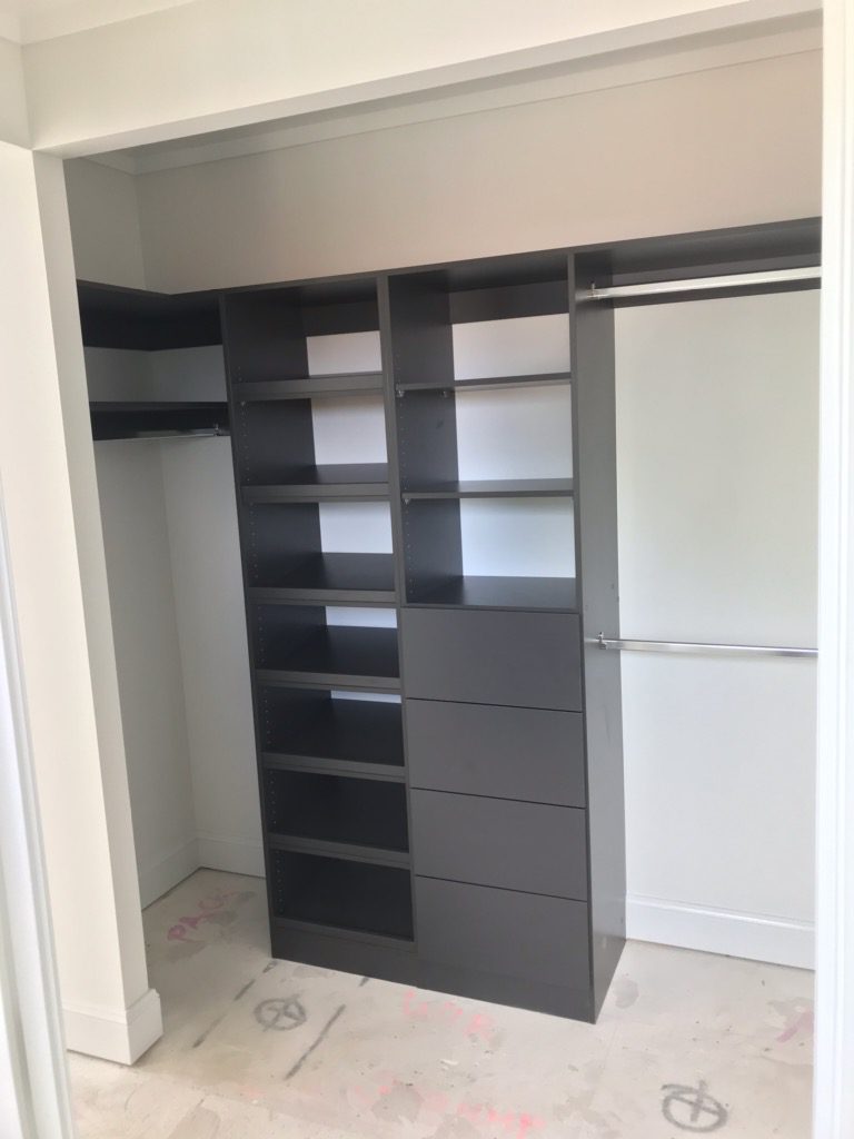 Built-In Wardrobe - Laminex Battalion Colour Board Shelving, Bank of Drawers & Chrome Hanging Rods