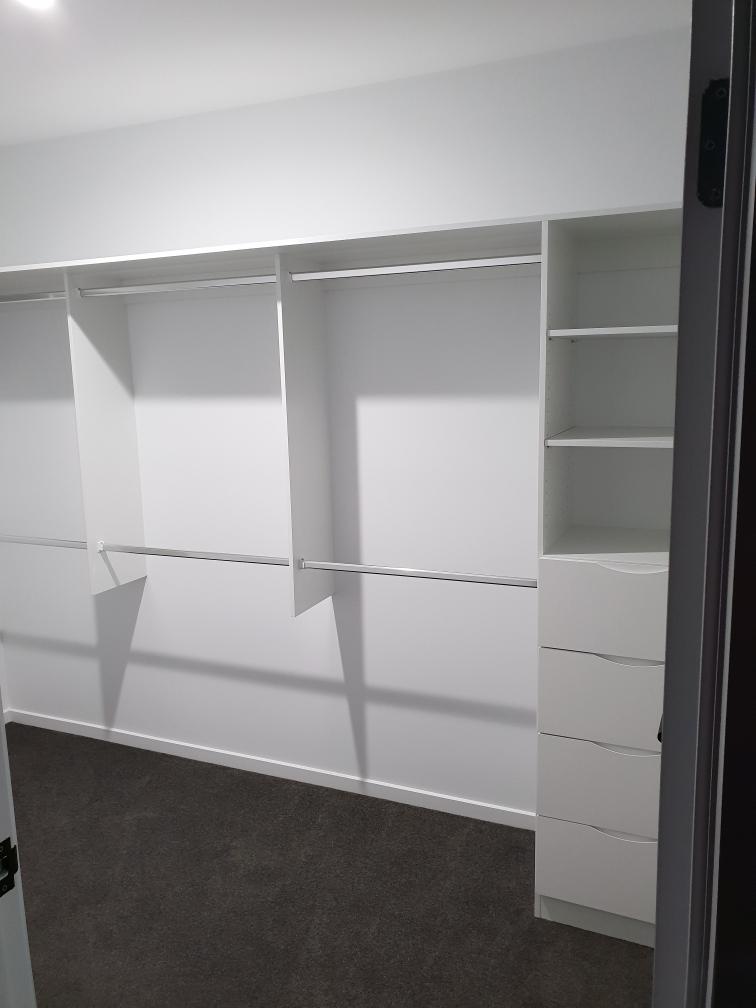 Standard White Board Shelving with Chrome Hanging Rods & Bank of Drawers4