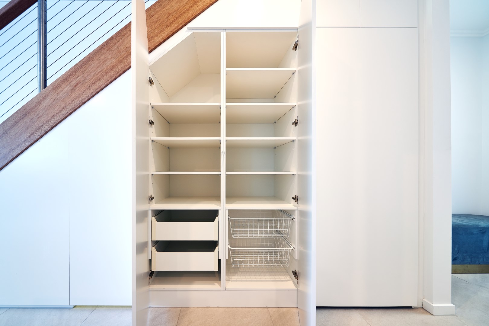 White Hinged Doors (under staircase) with White Board Shelving & Drawers
