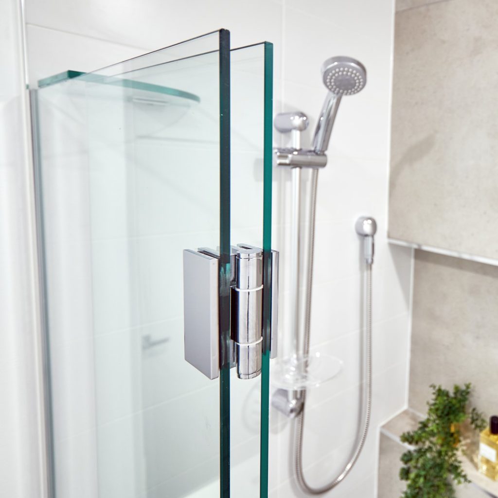 Fix & Swing Shower Screen with 180 Degree Polished Silver Hinge & Corner Glass Brace