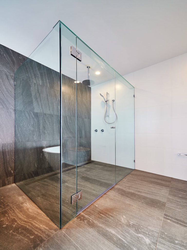 Frameless Shower Screen with Polished Silver Hinges & Clips