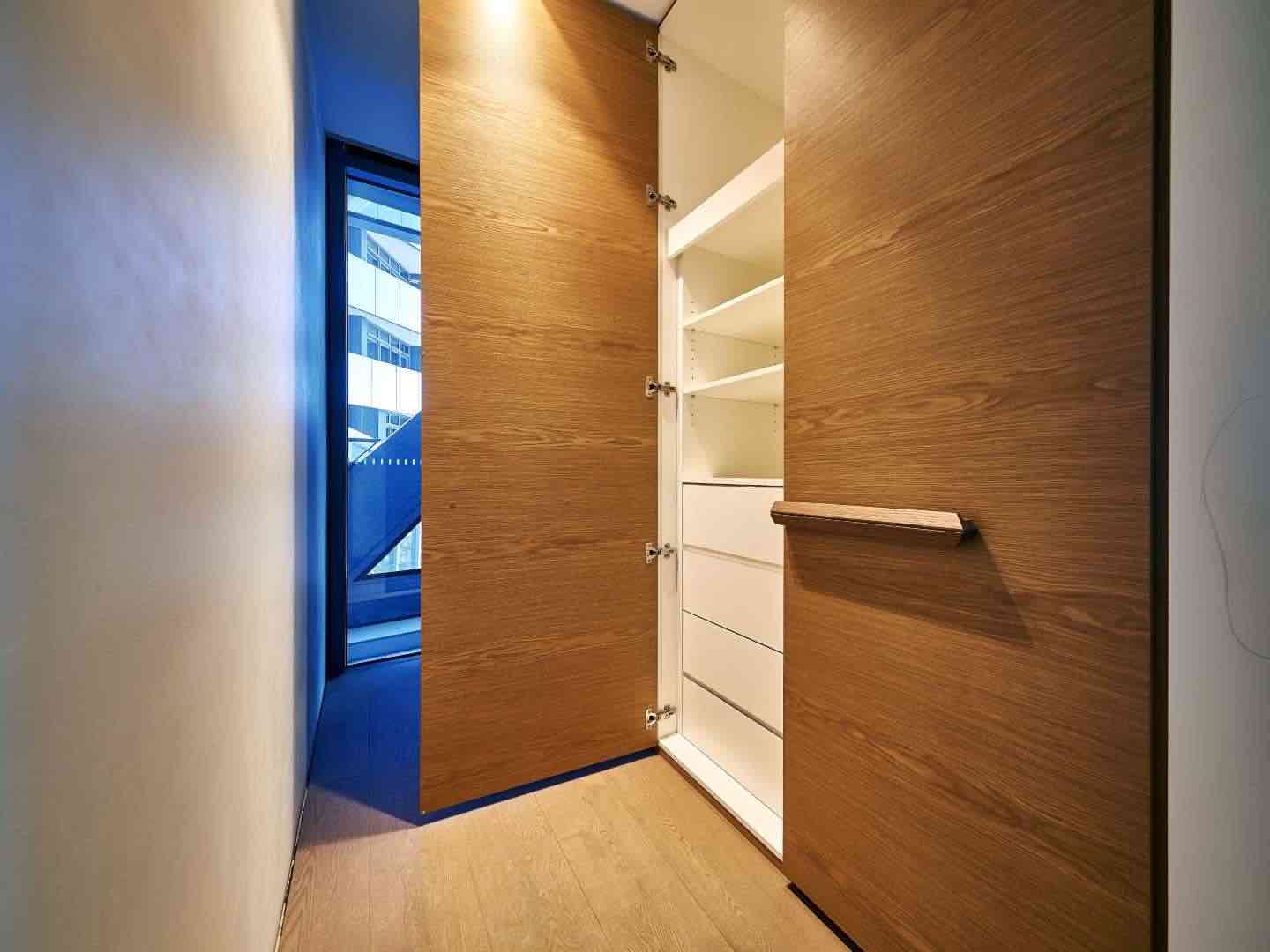 Palace Teak Wall-mounted Wardrobe shelving with hinged doors and white shelves and handleless drawers