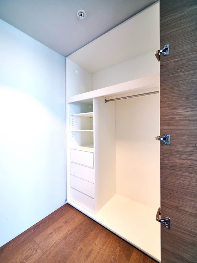 Classic White Hinged Wardrobe with single silver polish bar with compartment, shelves and drawer