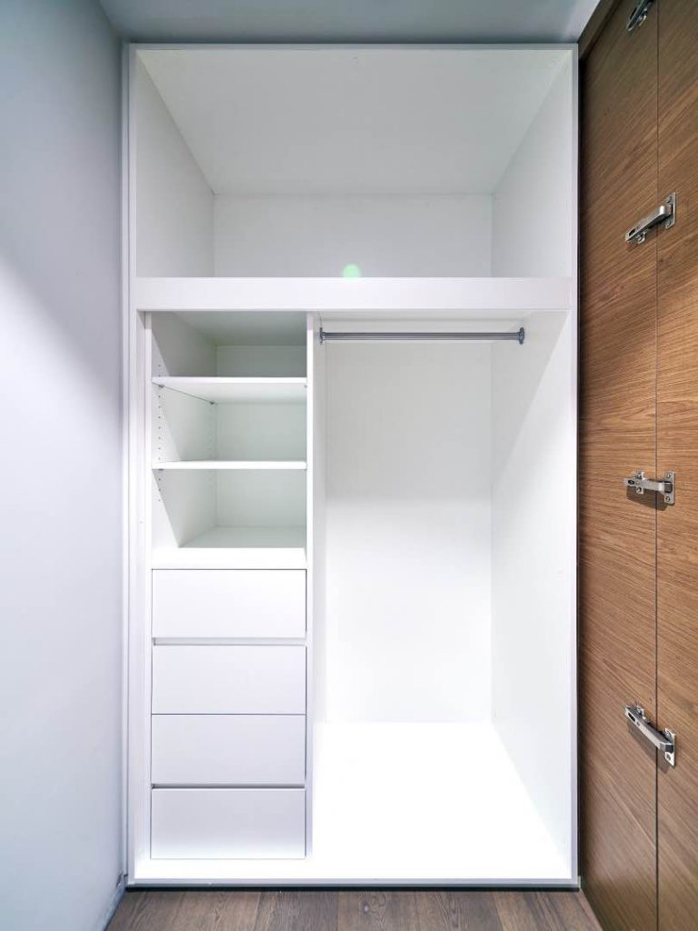 Polar White Wardrobe with single silver polish bar with compartment, shelves and drawer