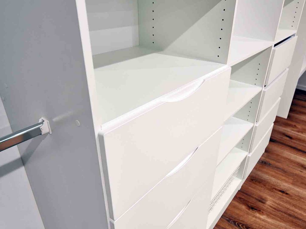 wardrobe white shelving with handleless drawers